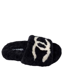 Chanel Cc Shearling Slippers Black
