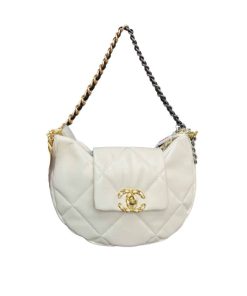 Chanel 19 Hobo Bag Lambskin Mixed Metal Hardware White 28Cm