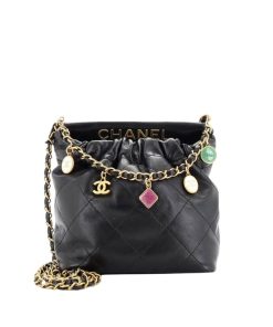 Chanel Hobo Resin Charms Chain Bucket Bag Quilted Lambskin Black 20Cm