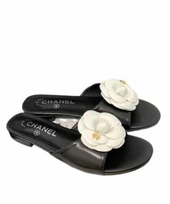 Chanel White Camellia Slides Black