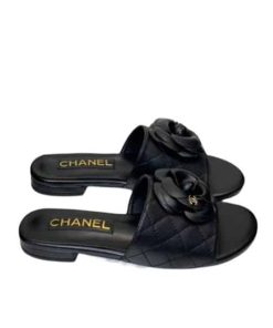 Chanel Camellia Leather Slides Black