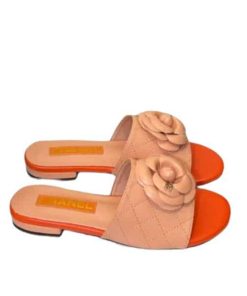 Chanel Camellia Leather Slides Orange