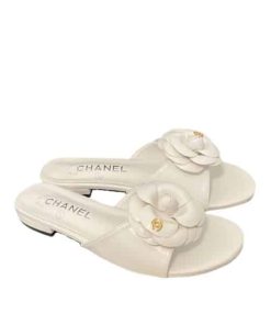 Chanel Camellia Slides White
