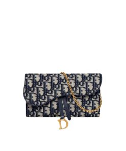 Dior Long Saddle Wallet With Chain Blue Oblique Jacquard 19Cm S5614Ctzq_M928