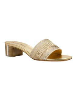 Dior Dway Heeled Slide Gold Tone Cotton Embroidered