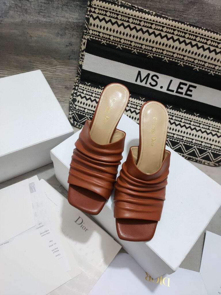 Dior Women D-Fame Heeled Sandal Pleated Lambskin Brown Kcq775Lab S52R - Image 3