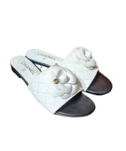 Chanel Camellia Leather Slides White
