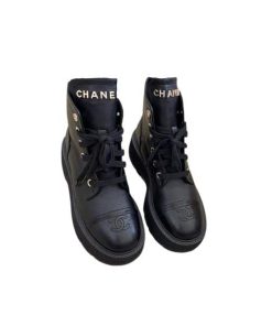 Chanel Cc Lace Up Boots Black