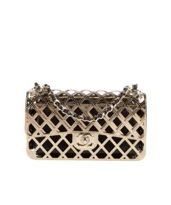 Chanel Metallic Diamond Lined Black Leather Chain Flap Bag Gold 18Cm As2514 B05552 Nc533