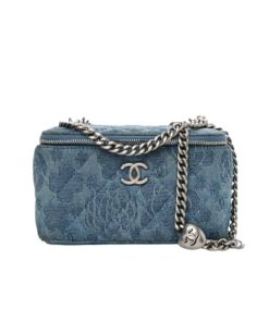 Chanel Camellia Denim Vanity Bag With Heart Chain Light Blue 18Cm