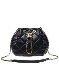 Chanel Drawstring Lambskin Bag Black 15Cm