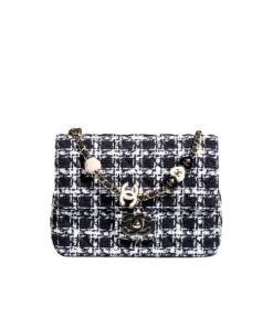 Chanel Tweed Mini Flap Bag With Heart Chain Black 19Cm