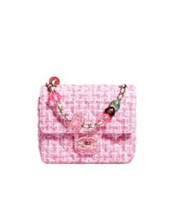 Chanel Tweed Mini Flap Bag With Heart Chain Pink 19Cm
