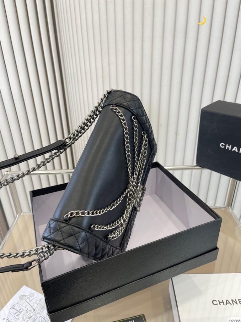 Chanel Boy Reverso Flap Bag With Chain Details Black 28Cm - Image 7
