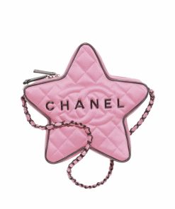 Chanel Star Hand Bag Satin Black Metal Light Pink 22Cm