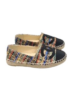 Chanel Tweed Grosgrain Cc Espadrilles Slip On Multicolor Black