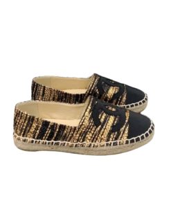 Chanel Metallic Tweed Grosgrain Cc Espadrilles Slip On Gold Black