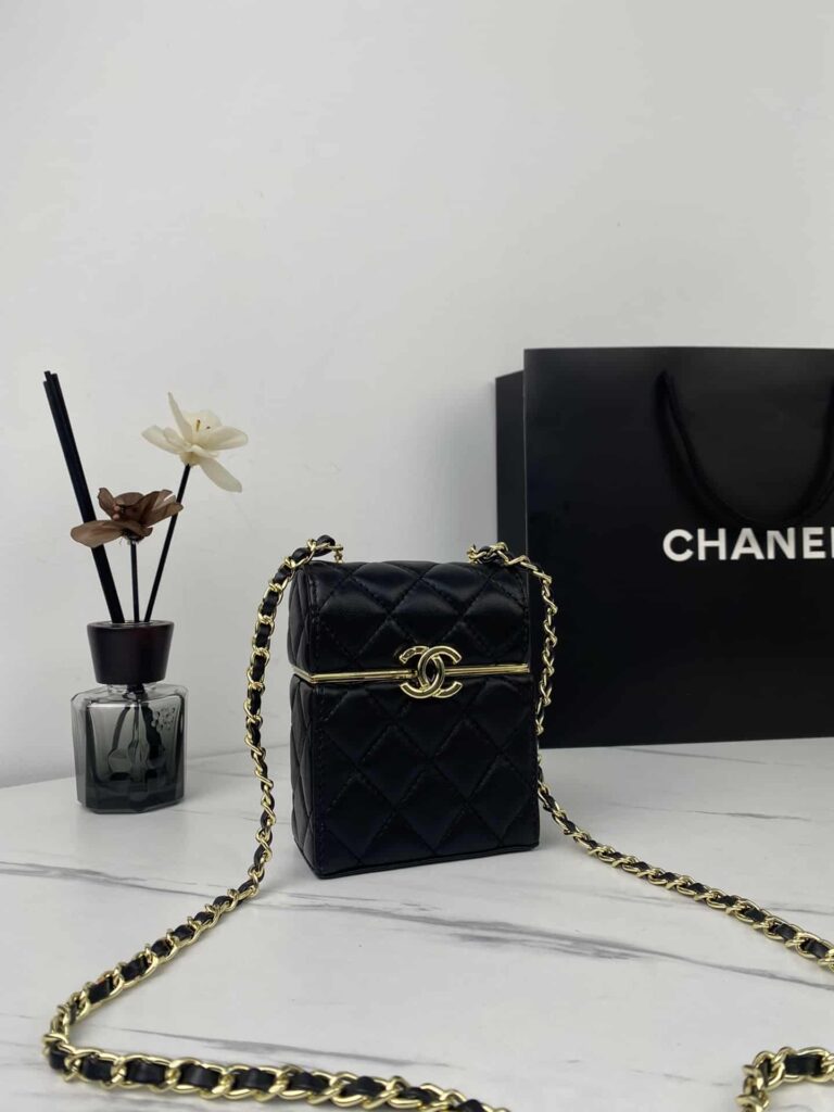 Chanel Small Box With Chain In Lambskin Black 12Cm Ap2656 - Image 10