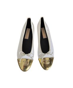 Chanel Leather Cap Toe Ballet Flats White Gold