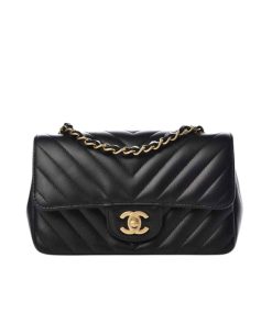 Chanel Lambskin Chevron Quilted Mini Rectangular Flap Black 19Cm