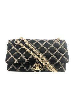 Chanel Satin Flap Shoulder Bag With Natural Hemp Diamond Stitching Black 25Cm
