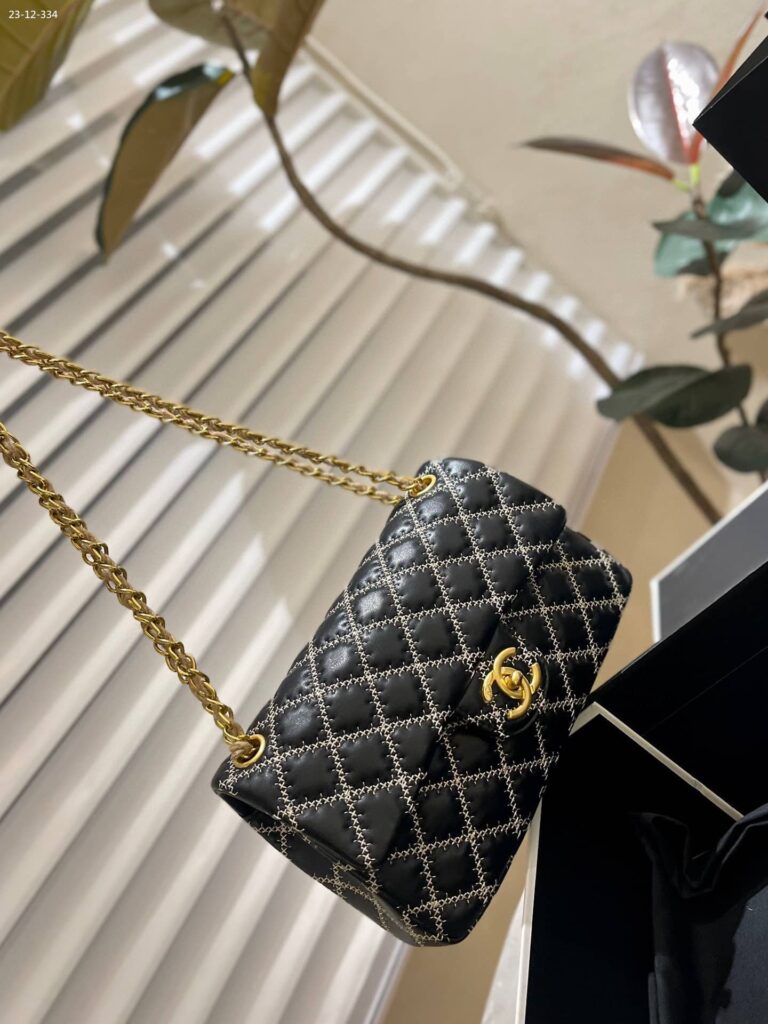 Chanel Satin Flap Shoulder Bag With Natural Hemp Diamond Stitching Black 25Cm - Image 6