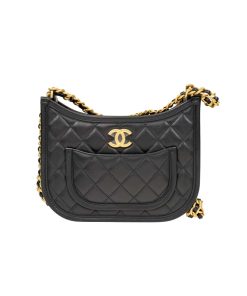Chanel Hobo Handbag Gold Tone Metal Black 23Cm As4666