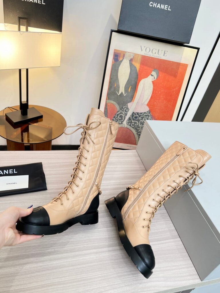 Chanel Quilted Chain Lace Up Combat High Boots Beige Black - Image 5