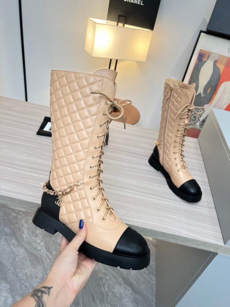 Chanel Quilted Chain Lace Up Combat High Boots Beige Black - Image 4