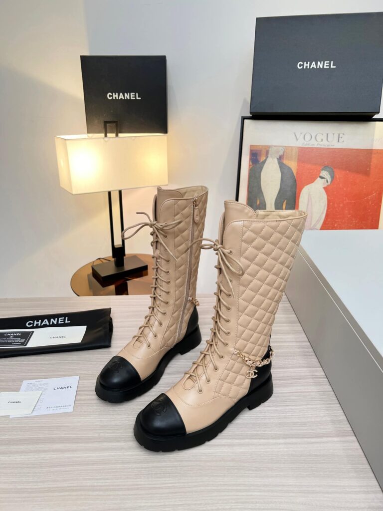 Chanel Quilted Chain Lace Up Combat High Boots Beige Black - Image 3