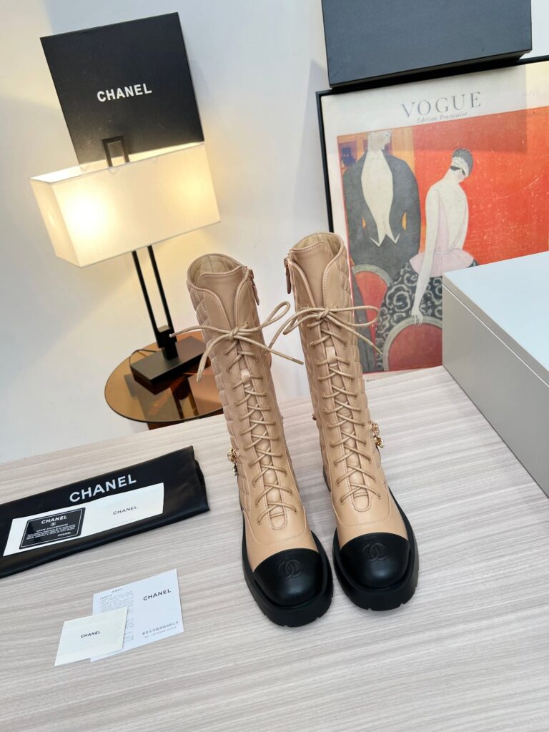 Chanel Quilted Chain Lace Up Combat High Boots Beige Black - Image 2