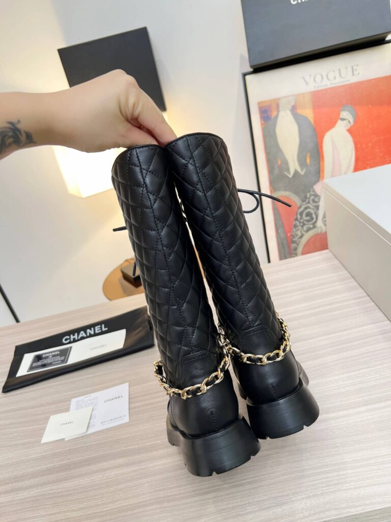 Chanel Quilted Chain Lace Up Combat High Boots Black - Image 4