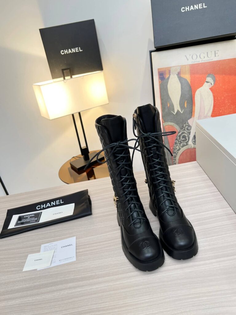 Chanel Quilted Chain Lace Up Combat High Boots Black - Image 3