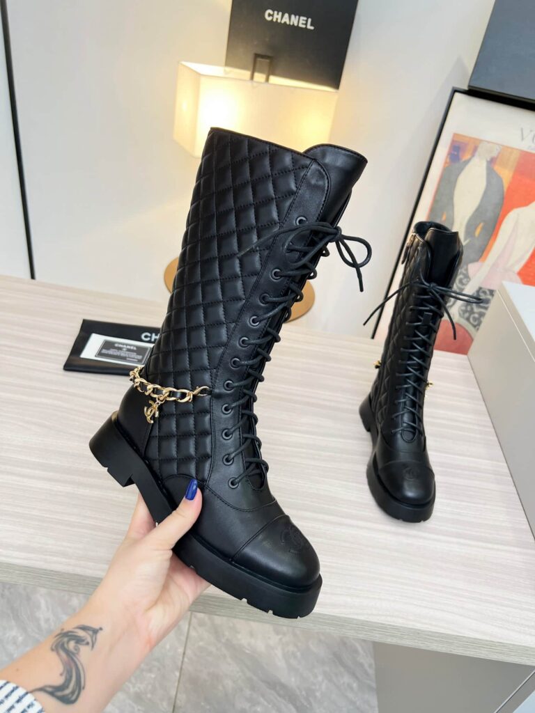 Chanel Quilted Chain Lace Up Combat High Boots Black - Image 2