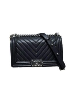 Chanel Boy Caviar Chevron Quilted Flap Bag Black 25Cm