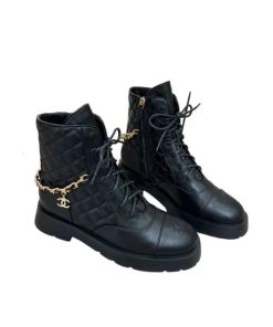 Chanel Quilted Chain Lace Up Combat Boots Black