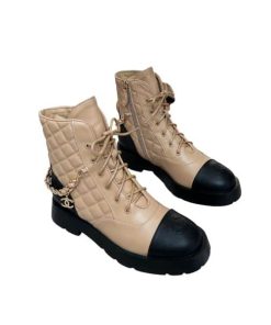 Chanel Quilted Chain Lace Up Combat Boots Beige Black