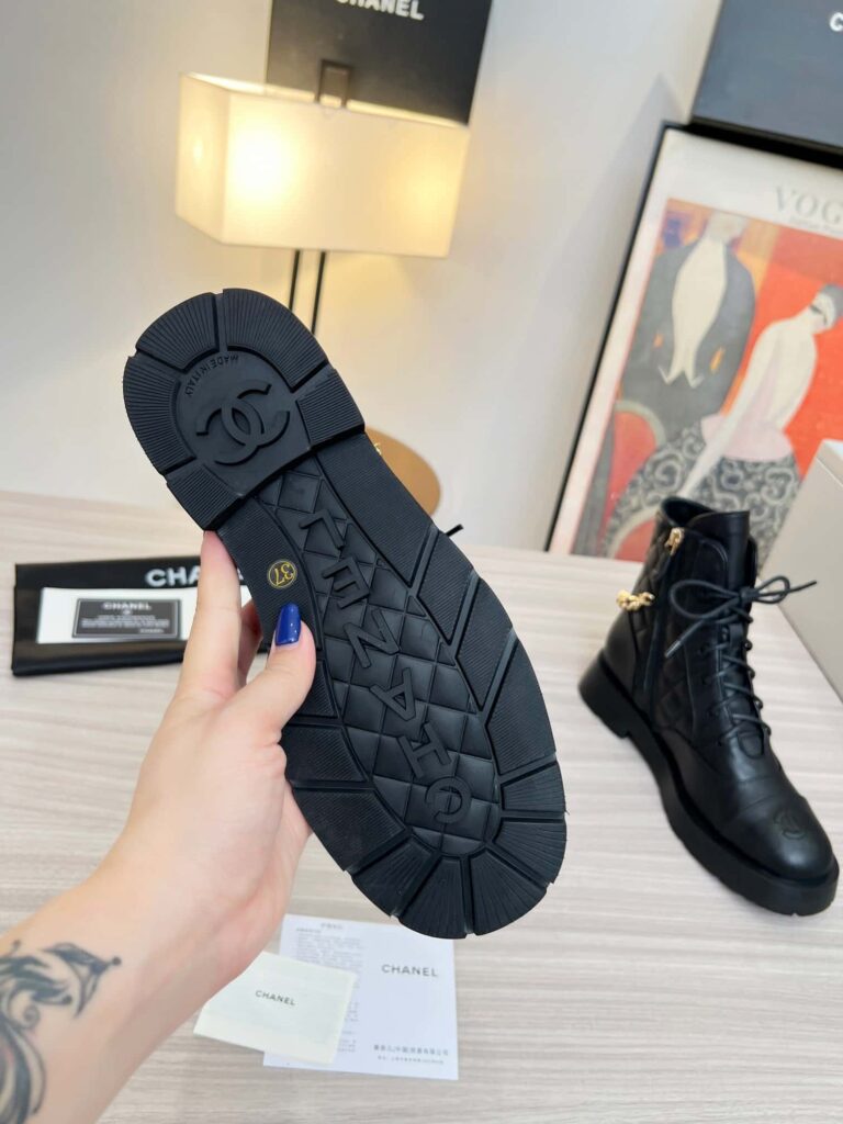 Chanel Quilted Chain Lace Up Combat Boots Black - Image 5
