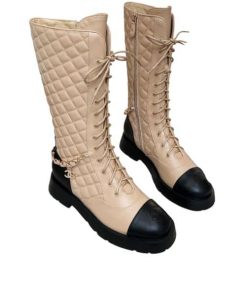 Chanel Quilted Chain Lace Up Combat High Boots Beige Black