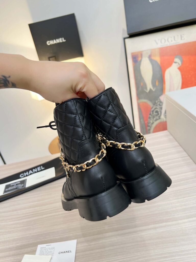Chanel Quilted Chain Lace Up Combat Boots Black - Image 4