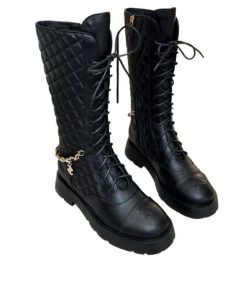 Chanel Quilted Chain Lace Up Combat High Boots Black