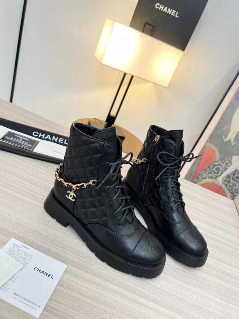 Chanel Quilted Chain Lace Up Combat Boots Black - Image 3