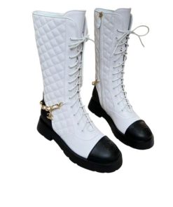 Chanel Quilted Chain Lace Up Combat Long Boots White