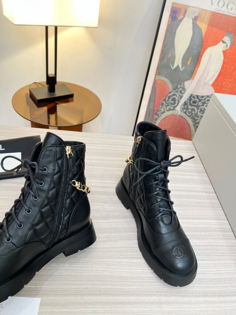 Chanel Quilted Chain Lace Up Combat Boots Black - Image 2