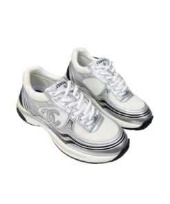 Chanel 23C Silver Metallic Cc Logo Lace Up Flat Runner Trainer Sneaker White G39792 Y56368 K5451