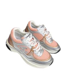 Chanel 23C Silver Metallic Cc Logo Lace Up Flat Runner Trainer Sneaker Pink