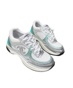 Chanel 23C Silver Metallic Cc Logo Lace Up Flat Runner Trainer Sneaker White Turquoise