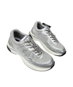 Chanel 23C Silver Metallic Cc Logo Lace Up Flat Runner Trainer Sneaker Gray