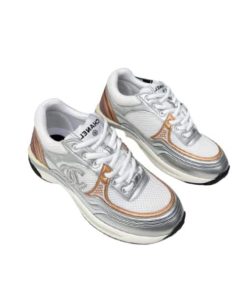 Chanel 23C Silver Metallic Cc Logo Lace Up Flat Runner Trainer Sneaker White Yellow