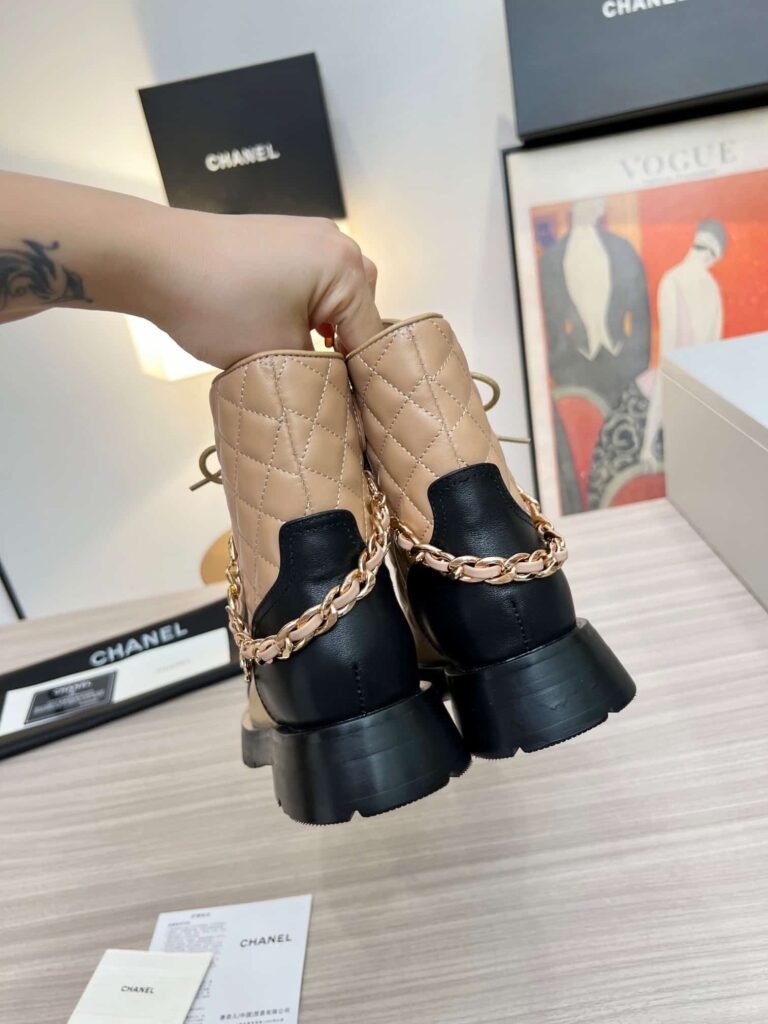 Chanel Quilted Chain Lace Up Combat Boots Beige Black - Image 5